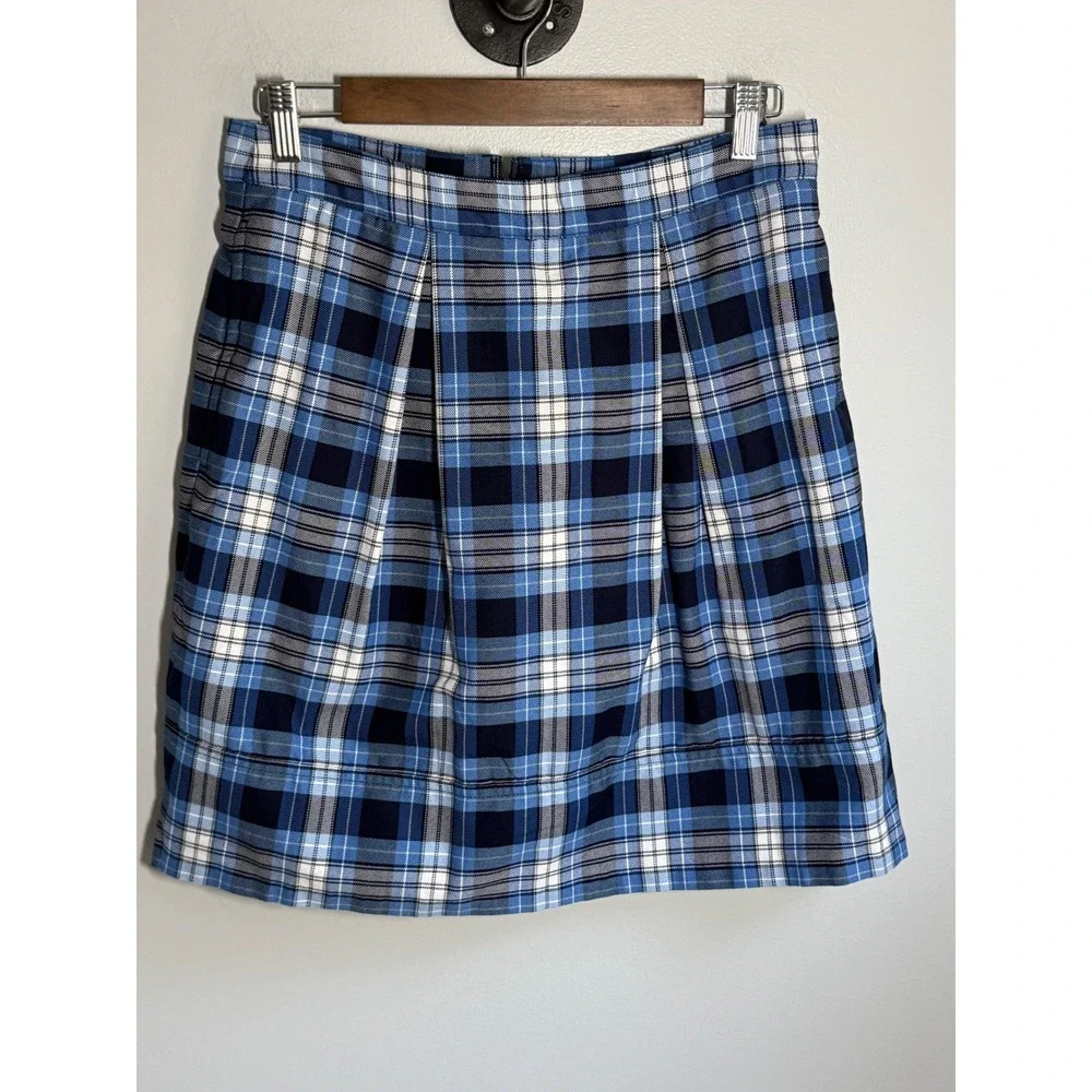 Lands End Blue Plaid Pleated A-Line Skirt Womens Size 6 Preppy Academic